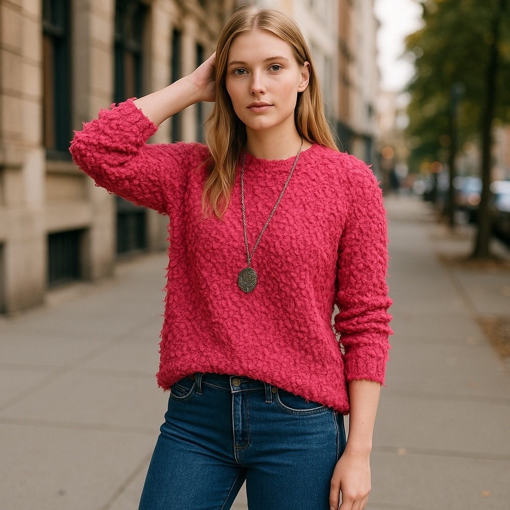 Free people  Pink September Boucle Shaggy Sweater Hot Pink XS